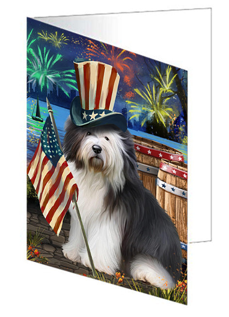4th of July Independence Day Fireworks Old English Sheepdog at the Lake Handmade Artwork Assorted Pets Greeting Cards and Note Cards with Envelopes for All Occasions and Holiday Seasons GCD56975