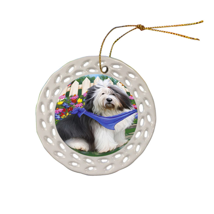 Spring Floral Old English Sheepdog Ceramic Doily Ornament DPOR49919