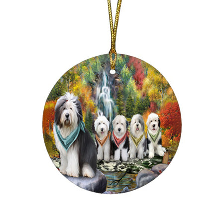 Scenic Waterfall Old English Sheepdogs Round Flat Christmas Ornament RFPOR49483