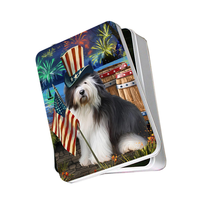 4th of July Independence Day Fireworks Old English Sheepdog at the Lake Photo Storage Tin PITN50982