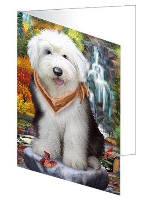 Scenic Waterfall Old English Sheepdogs Handmade Artwork Assorted Pets Greeting Cards and Note Cards with Envelopes for All Occasions and Holiday Seasons GCD52406