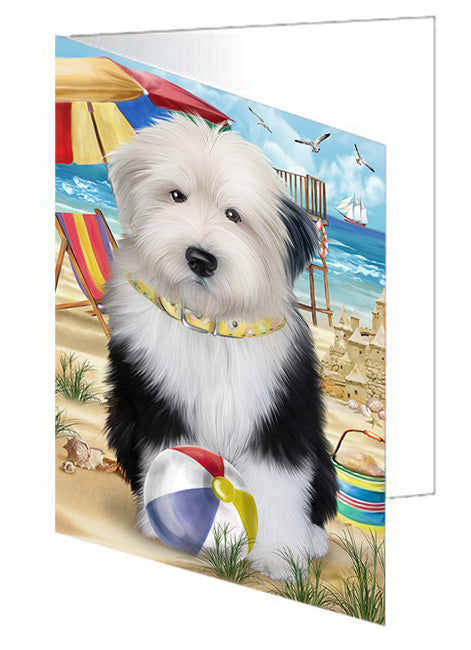 Pet Friendly Beach Old English Sheepdog Handmade Artwork Assorted Pets Greeting Cards and Note Cards with Envelopes for All Occasions and Holiday Seasons GCD54206