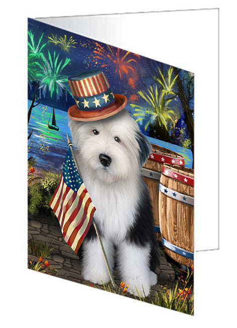 4th of July Independence Day Fireworks Old English Sheepdog at the Lake Handmade Artwork Assorted Pets Greeting Cards and Note Cards with Envelopes for All Occasions and Holiday Seasons GCD56978