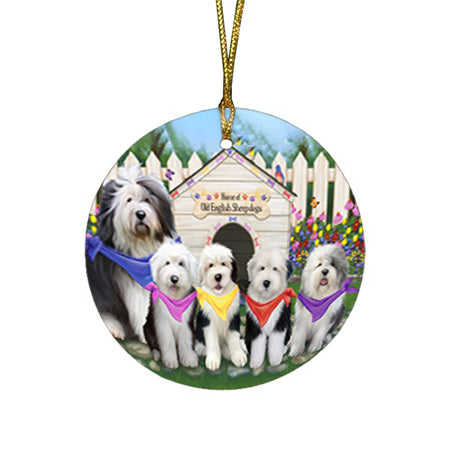 Spring Dog House Old English Sheepdogs Round Flat Christmas Ornament RFPOR49911