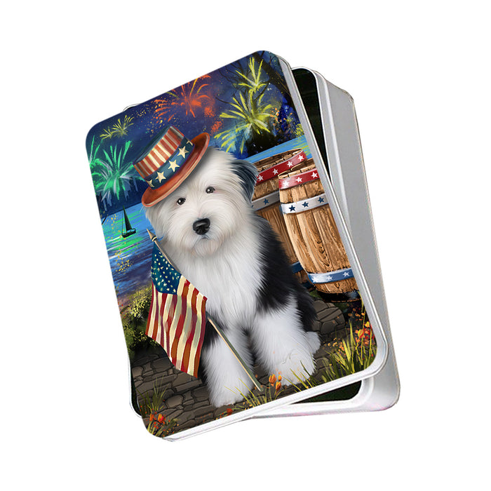 4th of July Independence Day Fireworks Old English Sheepdog at the Lake Photo Storage Tin PITN50983
