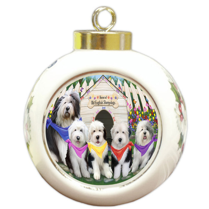 Spring Dog House Old English Sheepdogs Round Ball Christmas Ornament RBPOR49920