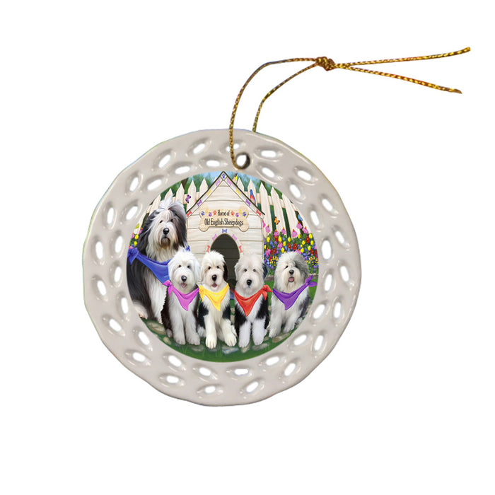 Spring Dog House Old English Sheepdogs Ceramic Doily Ornament DPOR49920