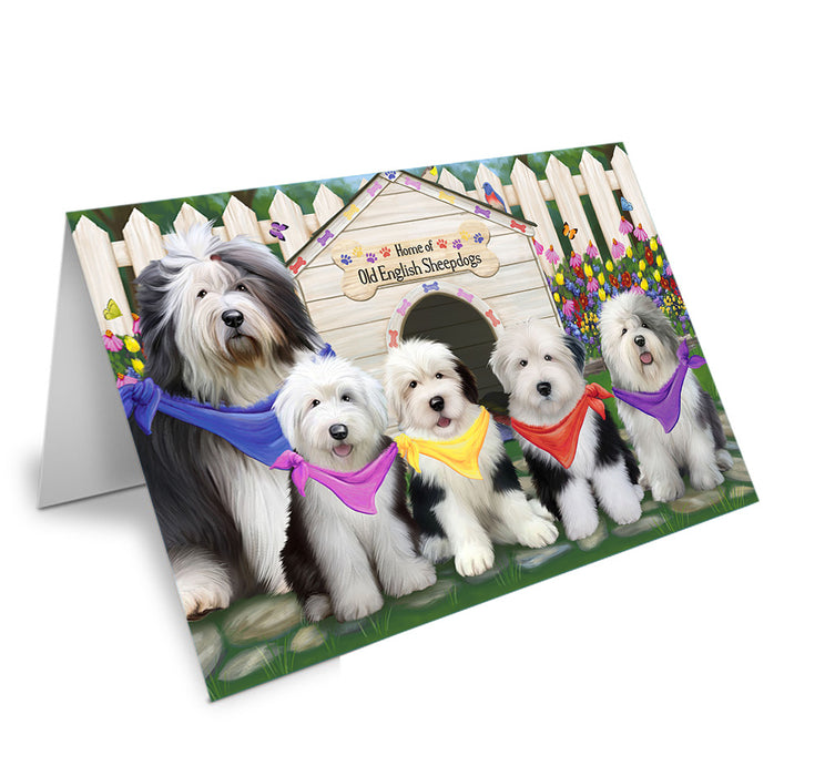 Spring Dog House Old English Sheepdogs Handmade Artwork Assorted Pets Greeting Cards and Note Cards with Envelopes for All Occasions and Holiday Seasons GCD53789