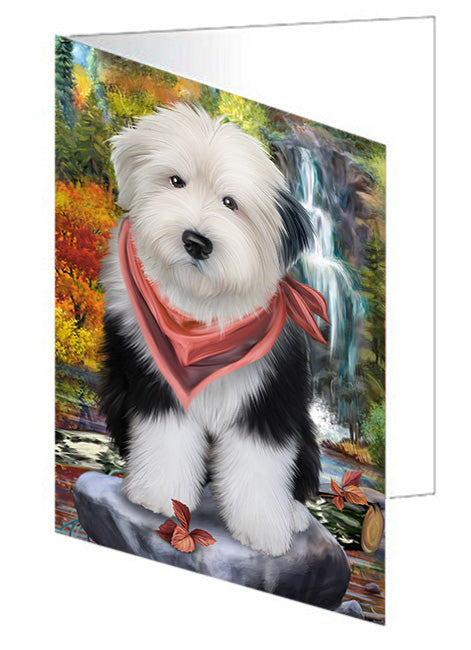 Scenic Waterfall Old English Sheepdog Handmade Artwork Assorted Pets Greeting Cards and Note Cards with Envelopes for All Occasions and Holiday Seasons GCD52409