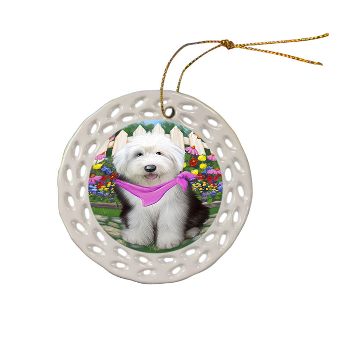 Spring Floral Old English Sheepdog Ceramic Doily Ornament DPOR49921