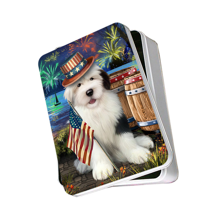 4th of July Independence Day Fireworks Old English Sheepdog at the Lake Photo Storage Tin PITN50984