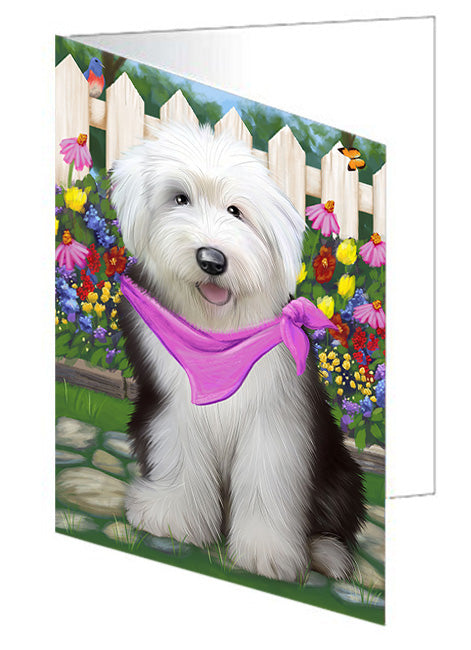 Spring Floral Old English Sheepdog Handmade Artwork Assorted Pets Greeting Cards and Note Cards with Envelopes for All Occasions and Holiday Seasons GCD53792