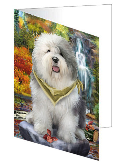 Scenic Waterfall Old English Sheepdog Handmade Artwork Assorted Pets Greeting Cards and Note Cards with Envelopes for All Occasions and Holiday Seasons GCD52412