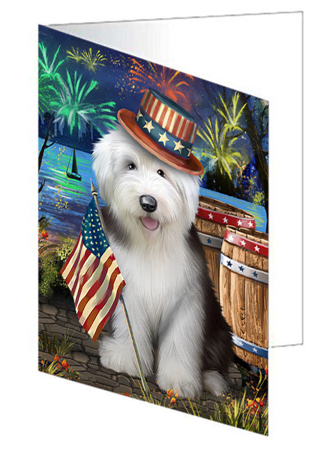 4th of July Independence Day Fireworks Old English Sheepdog at the Lake Handmade Artwork Assorted Pets Greeting Cards and Note Cards with Envelopes for All Occasions and Holiday Seasons GCD56984