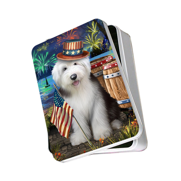 4th of July Independence Day Fireworks Old English Sheepdog at the Lake Photo Storage Tin PITN50985