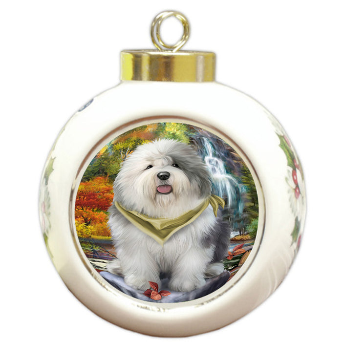 Scenic Waterfall Old English Sheepdog Round Ball Christmas Ornament RBPOR49495
