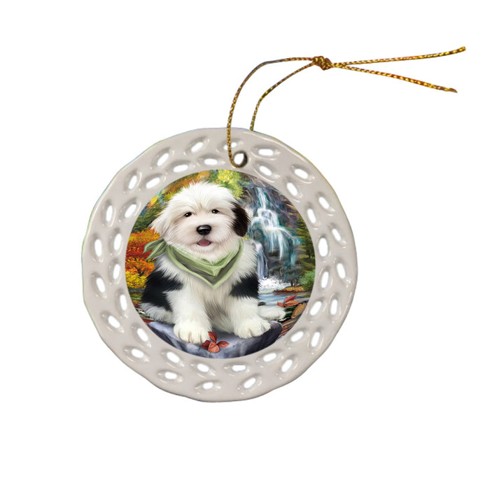 Scenic Waterfall Old English Sheepdog Ceramic Doily Ornament DPOR49496