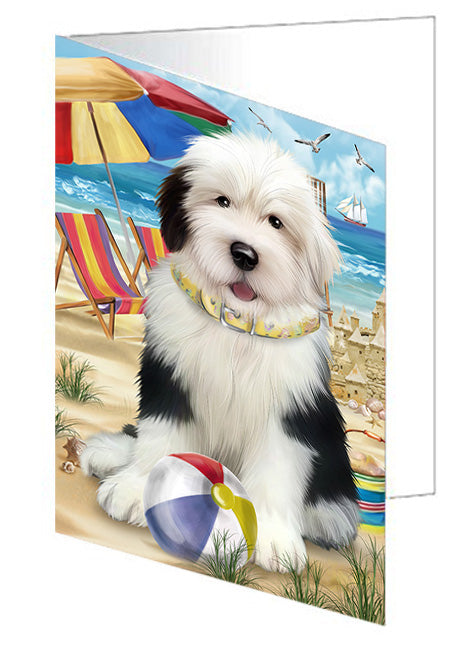 Pet Friendly Beach Old English Sheepdog Handmade Artwork Assorted Pets Greeting Cards and Note Cards with Envelopes for All Occasions and Holiday Seasons GCD54215