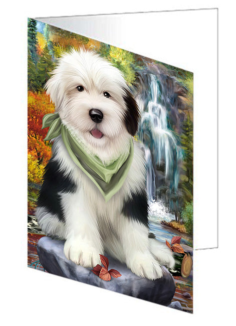 Scenic Waterfall Old English Sheepdog Handmade Artwork Assorted Pets Greeting Cards and Note Cards with Envelopes for All Occasions and Holiday Seasons GCD52415
