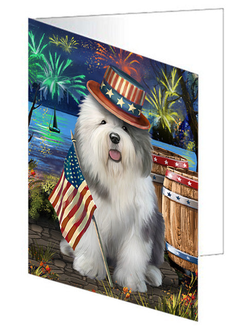 4th of July Independence Day Fireworks Old English Sheepdog at the Lake Handmade Artwork Assorted Pets Greeting Cards and Note Cards with Envelopes for All Occasions and Holiday Seasons GCD56987