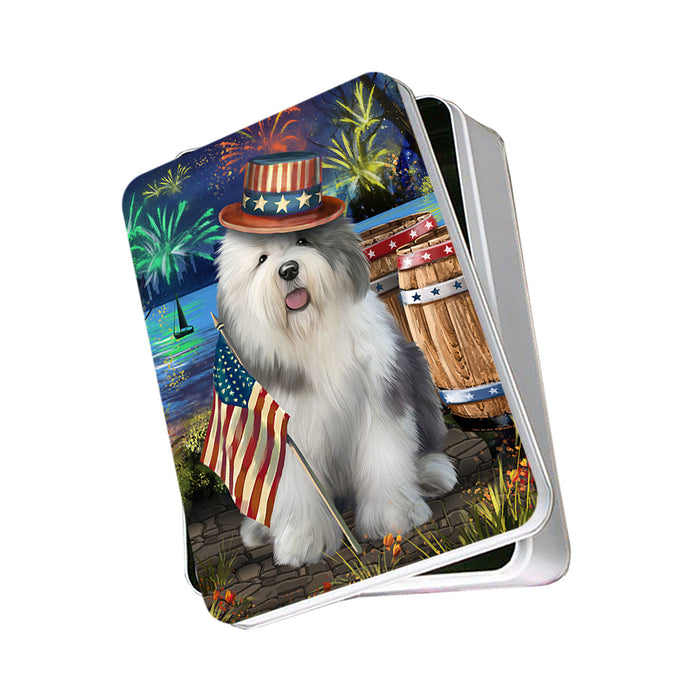 4th of July Independence Day Fireworks Old English Sheepdog at the Lake Photo Storage Tin PITN50986