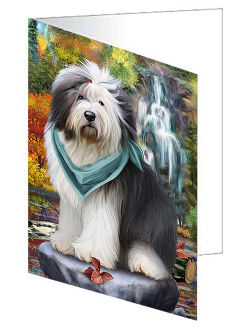 Scenic Waterfall Old English Sheepdog Handmade Artwork Assorted Pets Greeting Cards and Note Cards with Envelopes for All Occasions and Holiday Seasons GCD52418