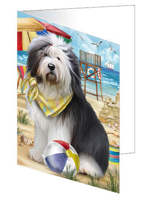 Pet Friendly Beach Old English Sheepdog Handmade Artwork Assorted Pets Greeting Cards and Note Cards with Envelopes for All Occasions and Holiday Seasons GCD54218