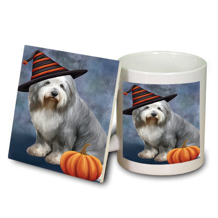 Happy Halloween Old English Sheepdog Wearing Witch Hat with Pumpkin Mug and Coaster Set MUC54896