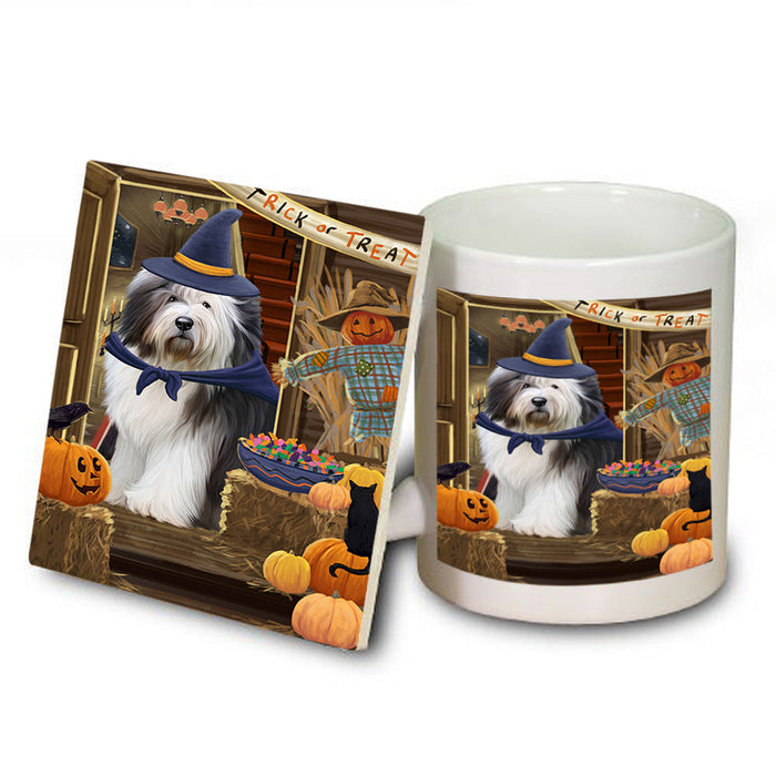 Enter at Own Risk Trick or Treat Halloween Old English Sheepdog Mug and Coaster Set MUC53191