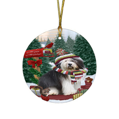 Merry Christmas Woodland Sled Old English Sheepdog Round Flat Christmas Ornament RFPOR55335