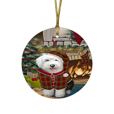 The Stocking was Hung Old English Sheepdog Round Flat Christmas Ornament RFPOR55724