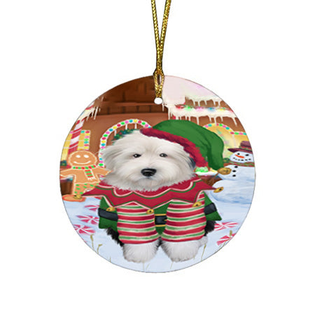 Christmas Gingerbread House Candyfest Old English Sheepdog Round Flat Christmas Ornament RFPOR56818