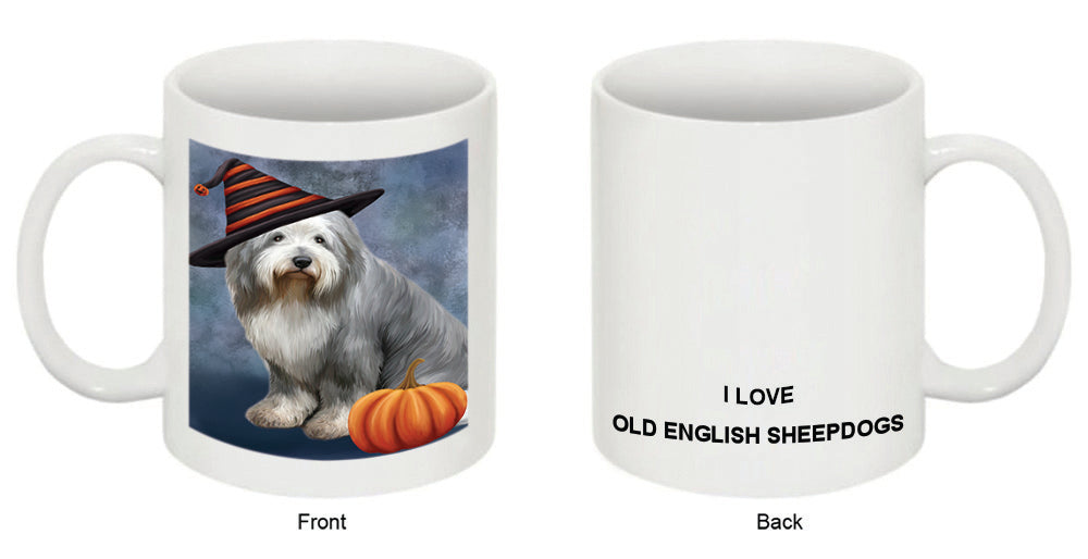 Happy Halloween Old English Sheepdog Wearing Witch Hat with Pumpkin Coffee Mug MUG50302