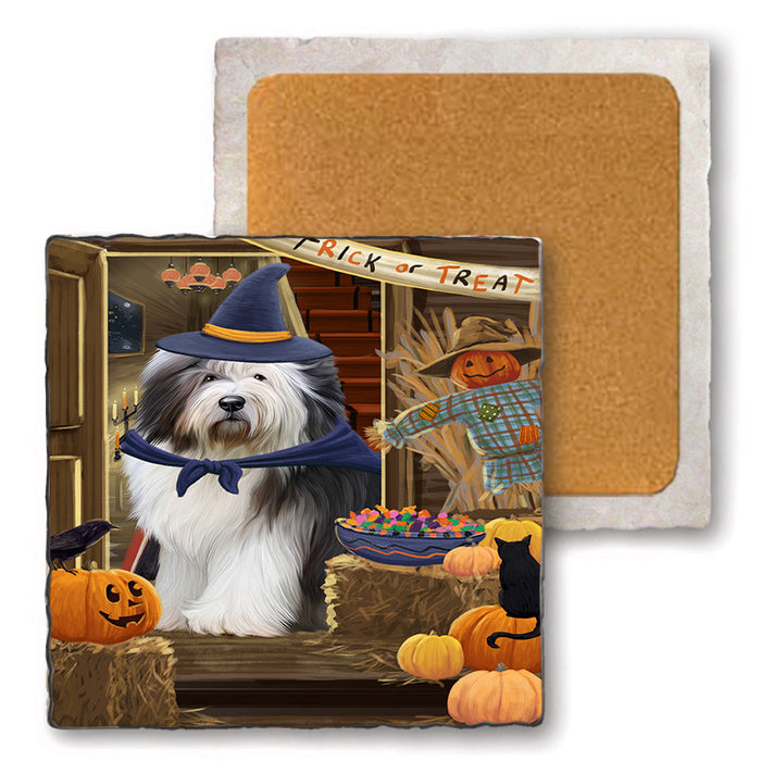 Enter at Own Risk Trick or Treat Halloween Old English Sheepdog Set of 4 Natural Stone Marble Tile Coasters MCST48199