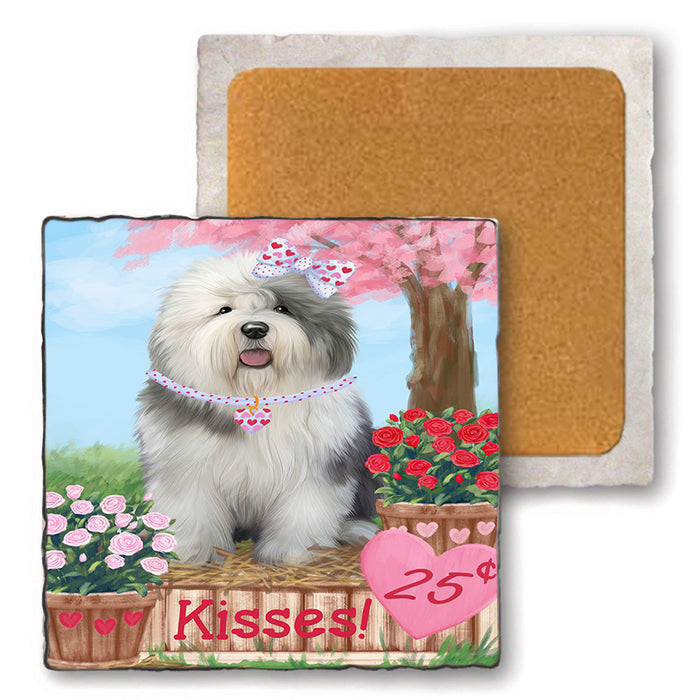Rosie 25 Cent Kisses Old English Sheepdog Set of 4 Natural Stone Marble Tile Coasters MCST50977