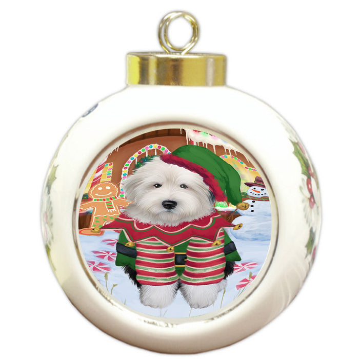 Christmas Gingerbread House Candyfest Old English Sheepdog Round Ball Christmas Ornament RBPOR56818