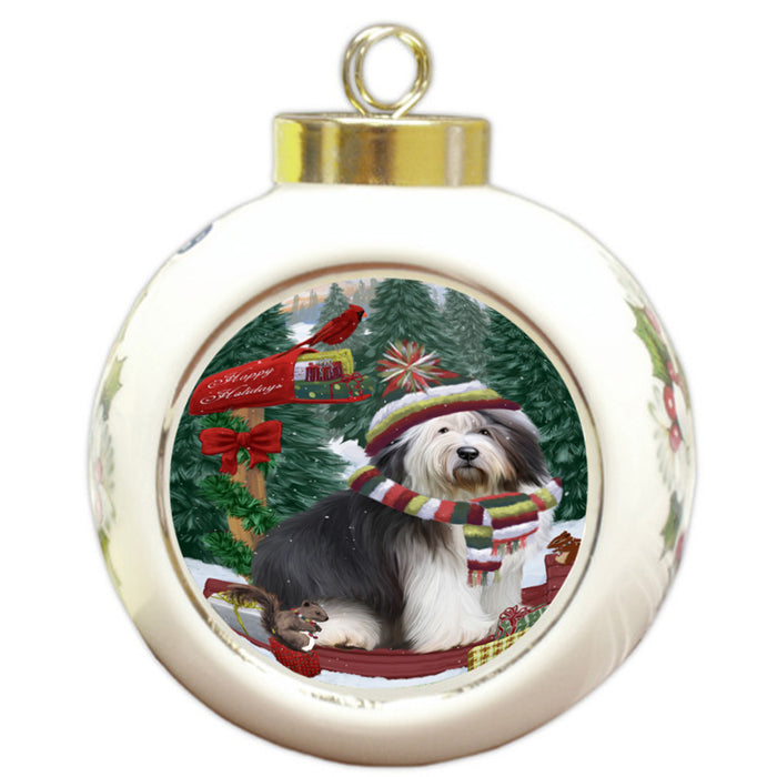 Merry Christmas Woodland Sled Old English Sheepdog Round Ball Christmas Ornament RBPOR55335