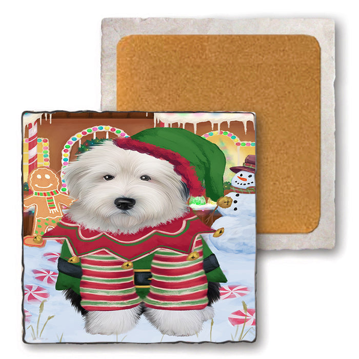 Christmas Gingerbread House Candyfest Old English Sheepdog Set of 4 Natural Stone Marble Tile Coasters MCST51462