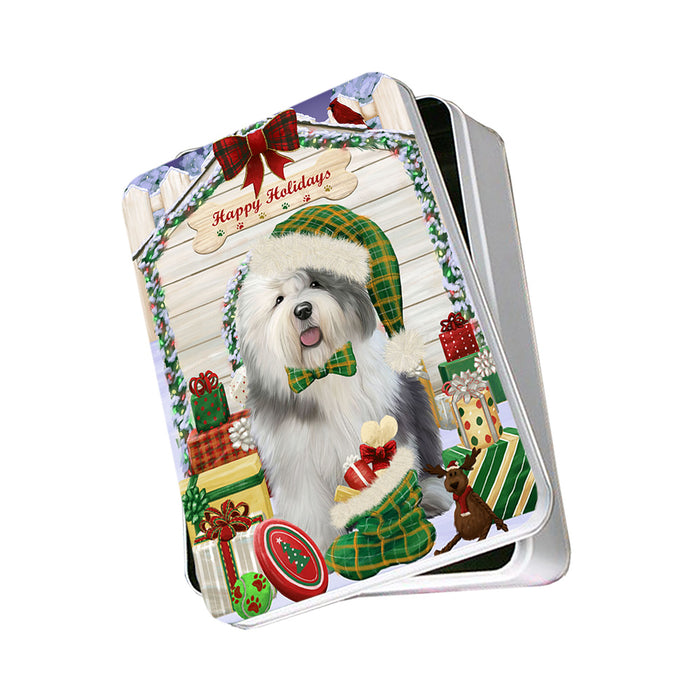 Happy Holidays Christmas Old English Sheepdog House With Presents Photo Storage Tin PITN52160
