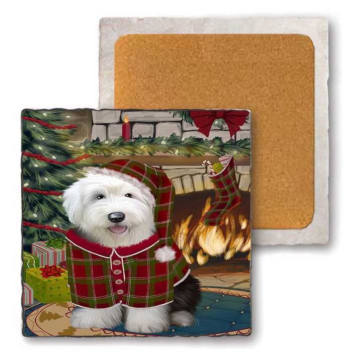 The Stocking was Hung Old English Sheepdog Set of 4 Natural Stone Marble Tile Coasters MCST50368