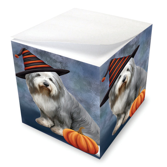 Happy Halloween Old English Sheepdog Wearing Witch Hat with Pumpkin Note Cube NOC56550