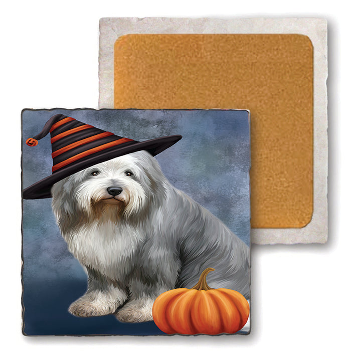 Happy Halloween Old English Sheepdog Wearing Witch Hat with Pumpkin Set of 4 Natural Stone Marble Tile Coasters MCST49904