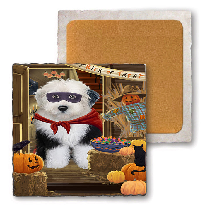 Enter at Own Risk Trick or Treat Halloween Old English Sheepdog Set of 4 Natural Stone Marble Tile Coasters MCST48200