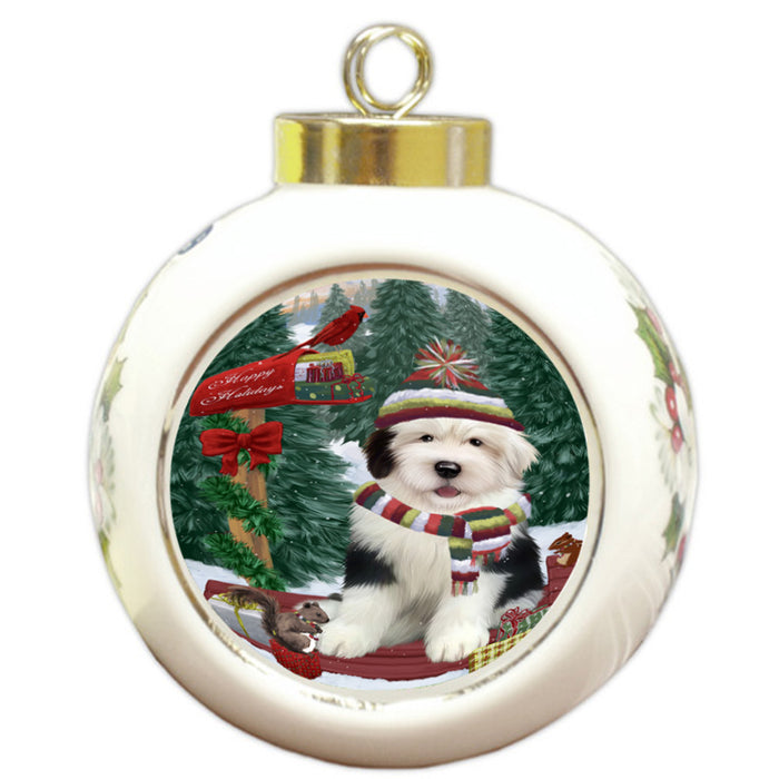 Merry Christmas Woodland Sled Old English Sheepdog Round Ball Christmas Ornament RBPOR55336