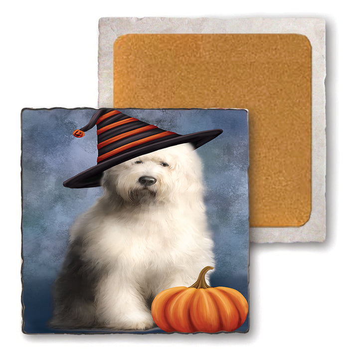 Happy Halloween Old English Sheepdog Wearing Witch Hat with Pumpkin Set of 4 Natural Stone Marble Tile Coasters MCST49905
