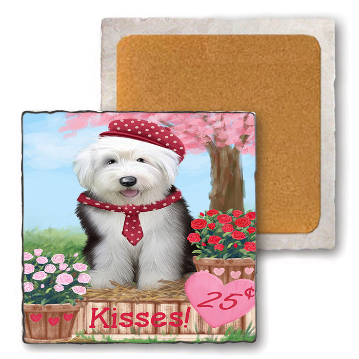 Rosie 25 Cent Kisses Old English Sheepdog Set of 4 Natural Stone Marble Tile Coasters MCST50978