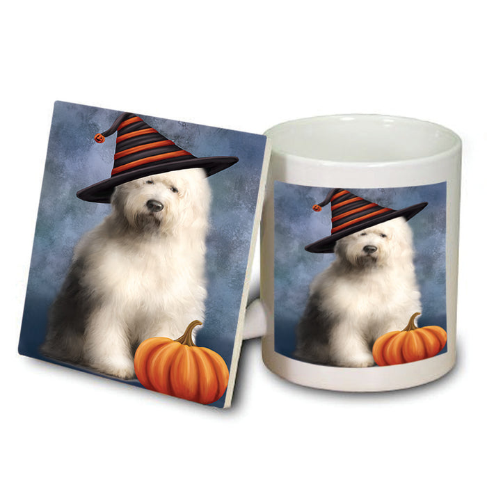 Happy Halloween Old English Sheepdog Wearing Witch Hat with Pumpkin Mug and Coaster Set MUC54897