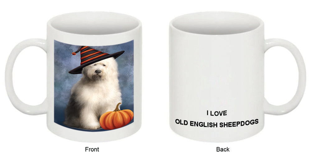 Happy Halloween Old English Sheepdog Wearing Witch Hat with Pumpkin Coffee Mug MUG50303
