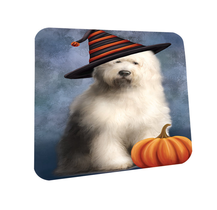 Happy Halloween Old English Sheepdog Wearing Witch Hat with Pumpkin Coasters Set of 4 CST54863