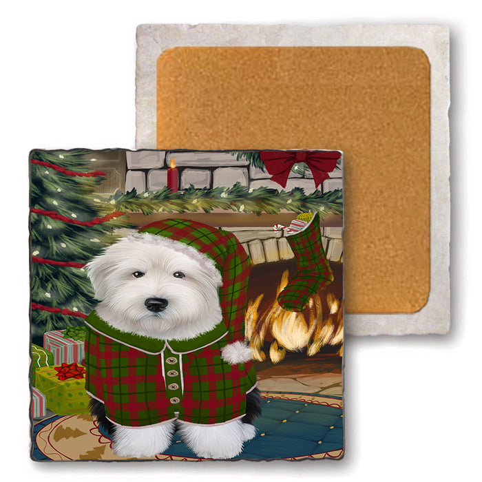 The Stocking was Hung Old English Sheepdog Set of 4 Natural Stone Marble Tile Coasters MCST50369